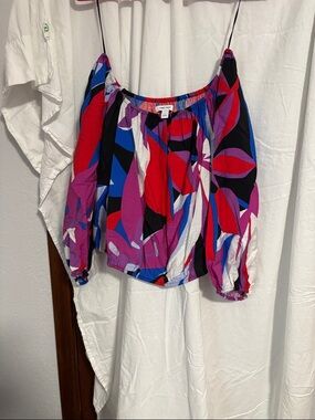 Nine West Colorblock Off-Shoulder Top in Red, Purple & Blue